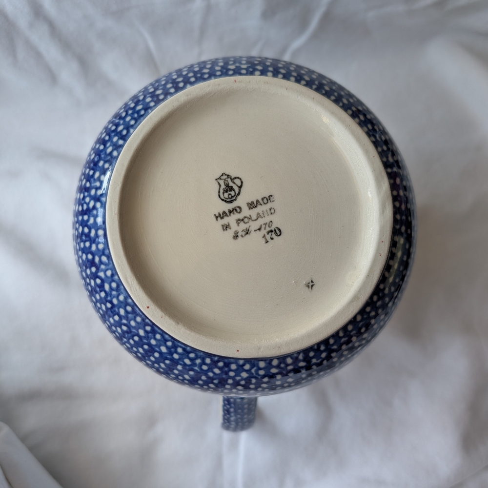 Polish Pottery Blue Floral Cream Ceramic Pitcher - Picture 8 of 9